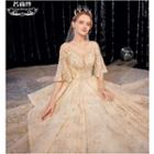 Elbow-sleeve Floral Embroidered A-line Wedding Gown
