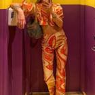 Set: Puff-sleeve Tie Dye Crop Top + Straight Leg Pants