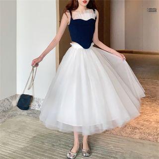 Mesh Panel Cropped Camisole Top / Mesh Midi A-line Skirt