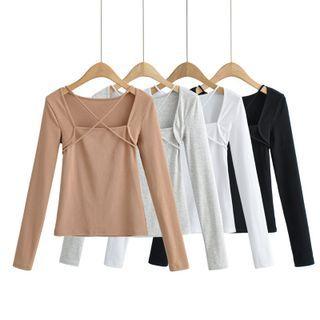 Long-sleeve Square-neck Cross Strap T-shirt
