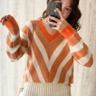 V-neck Striped Sweater Tangerine - One Size