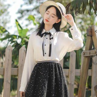 Embroidered Collar Long-sleeve Chiffon Blouse