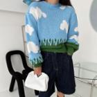Cloud Print Sweater Sky Blue & Green - One Size