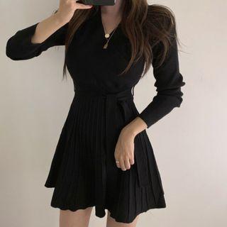 Long-sleeve Sashed Mini A-line Knit Dress