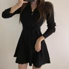 Long-sleeve Sashed Mini A-line Knit Dress