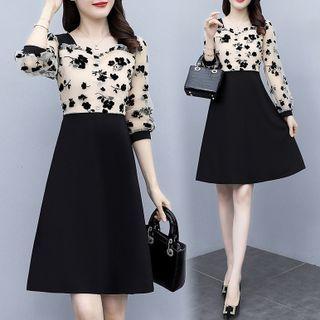 Long-sleeve Panel Floral A-line Dress