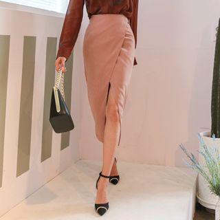 Buckled Wrap-front Long Pencil Skirt