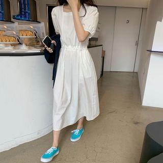 Puff-sleeve Square Neck Plain Dress White - One Size