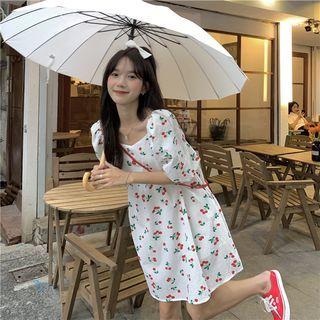 Puff-sleeve Cherry Print Mini A-line Dress White - One Size