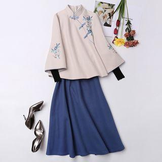 3/4-sleeve Embroidered Cheongsam Top / Midi A-line Skirt / Wide-leg Pants / Set