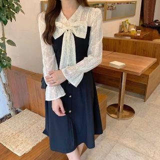 Mock Two-piece Puff-sleeve Tie-neck Dress