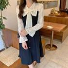 Mock Two-piece Puff-sleeve Tie-neck Dress