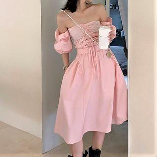 Set: Off-shoulder Drawstring Blouse + Midi A-line Skirt