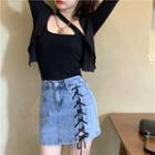 Lace-up Denim Mini Skirt / Cardigan / Camisole Top / Set