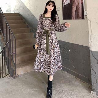 Long-sleeve Square-neck Floral Lace-up Dress