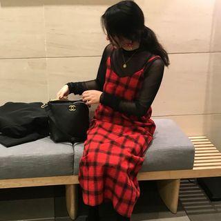 Spaghetti Strap Plaid Midi A-line Pinafore Dress As Shown In Figure - One Size