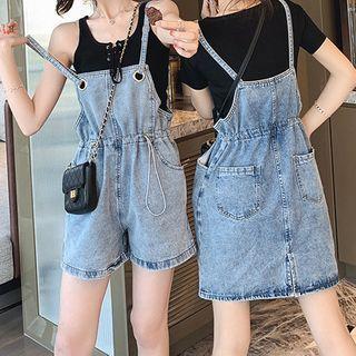 Mini Denim Pinafore Dress / Wide-leg Denim Jumper Shorts