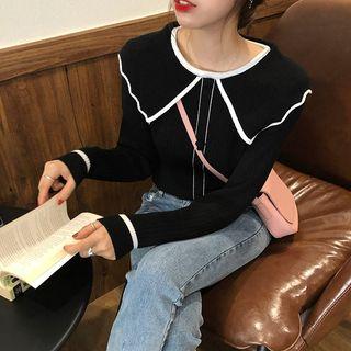 Contrast Trim Collared Rib Knit Top