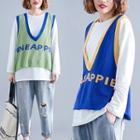 Set: Lettering V-neck Knit Vest + Plain Long-sleeve T-shirt