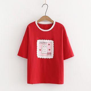 Rabbit Print Short-sleeve T-shirt / Drawstring Denim Shorts / Straight-cut Jeans / Set