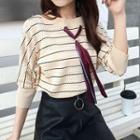 Elbow-sleeve Tie-neck Striped Sweater