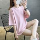 Elbow-sleeve Letter Embroidered Tunic T-shirt