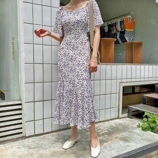 Bell-sleeve Floral Long Mermaid Dress