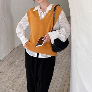 Set: Plain Shirt + Knit Vest + Pants