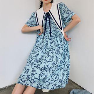 Sailor Collar Floral Midi A-line Dress