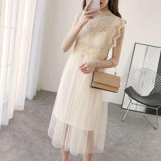 Lace-panel Sleeveless Mesh Dress With Slipdress