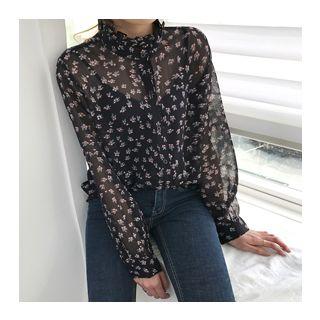 Frill-neck Floral Chiffon Blouse