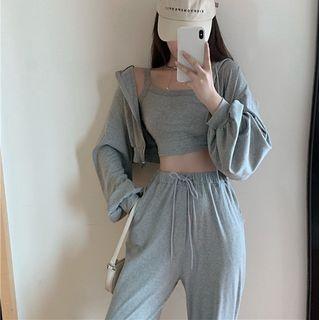Cropped Camisole / Drawstring Sweatpants / Cropped Hooded Zip Jacket