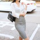 Set: Long-sleeve Blouse + Slit-hem Pencil Skirt
