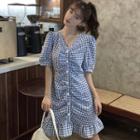 Puff-sleeve Buttoned Checked A-line Mini Dress