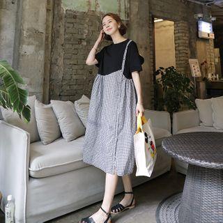 Color-block Gingham-panel T-shirt Dress