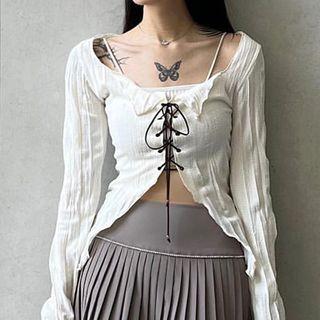 Long Sleeve Textured Ruffled-trim Lace-up Top