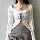 Long Sleeve Textured Ruffled-trim Lace-up Top