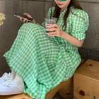 Puff-sleeve Gingham Midi A-line Dress Green - One Size