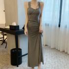 Sleeveless Crinkled Slit A-line Maxi Dress