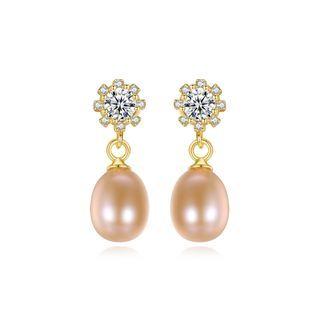 Sterling Silver Plated Gold Elegant Fashion Geometric Pink Freshwater Pearl Earrings With Cubic Zirconia Golden - One Size