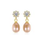 Sterling Silver Plated Gold Elegant Fashion Geometric Pink Freshwater Pearl Earrings With Cubic Zirconia Golden - One Size