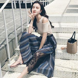 Set: Cutout Shoulder Short-sleeve Knit Top + Lace Panel Cropped Wide-leg Pants