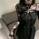 Long-sleeve Lace Crop Top / Spaghetti Strap Mini A-line Dress
