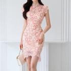 Cap-sleeve Floral Lace Sheath Dress
