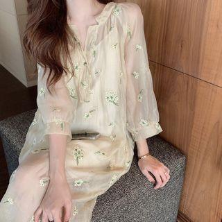 Set: Floral Embroidered Long-sleeve Midi A-line Dress + Slipdress With Slipdress - Dress - Almond - One Size
