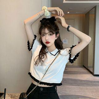 Short-sleeve Button Knit Top / Mini Fitted Skirt