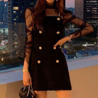 Set: Long-sleeve Mesh Top + Chain-strap Mini Sheath Dress