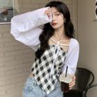 Asymmetrical Plaid Camisole Top / Long-sleeve Tie-strap Cropped Cardigan