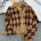 Argyle Print Polo-neck Cardigan / A-line Knit Skirt