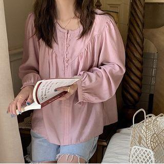 Lantern-sleeve Round-neck Plain Shirt